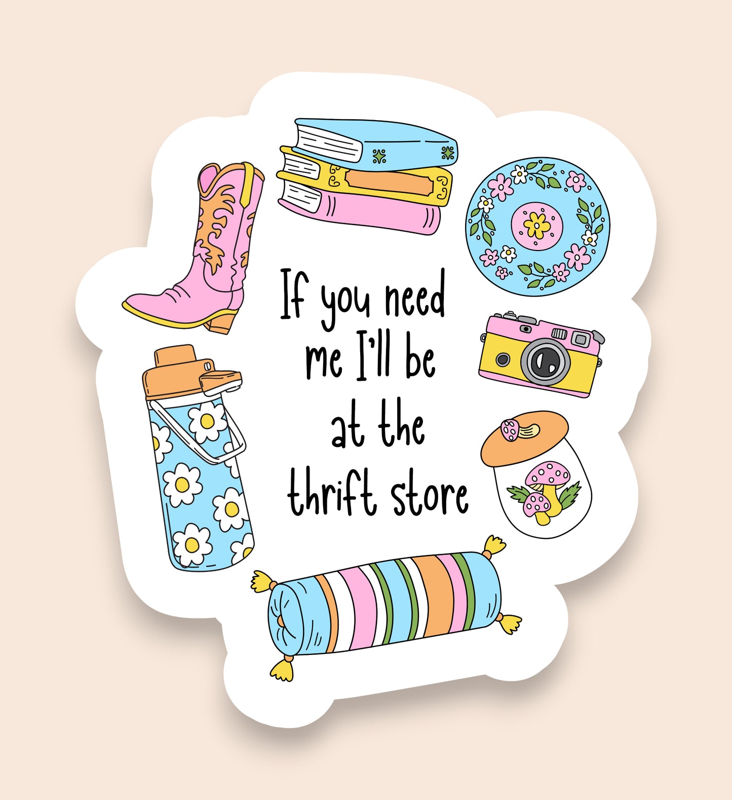 Sticker with various illustrations and text on a beige background
