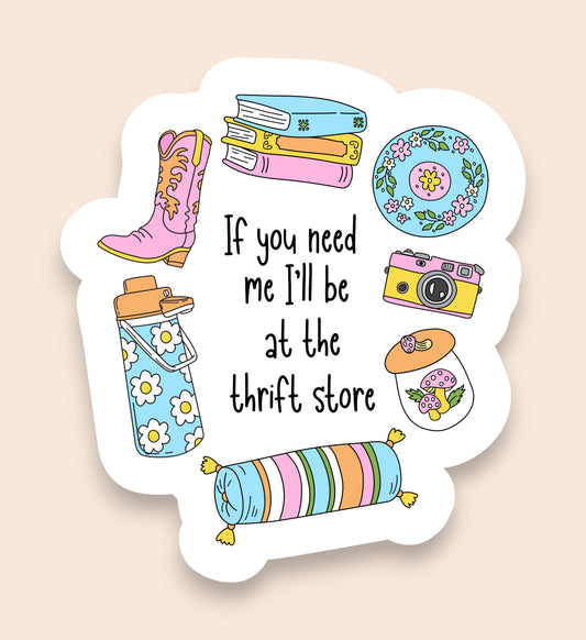 Sticker with various illustrations and text on a beige background