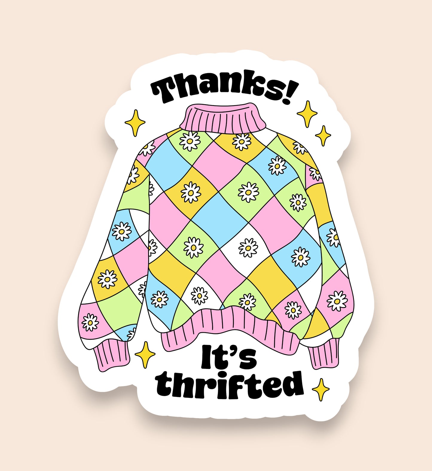 Colorful sweater design sticker with 'Thanks! It's thrifted' text on a beige background