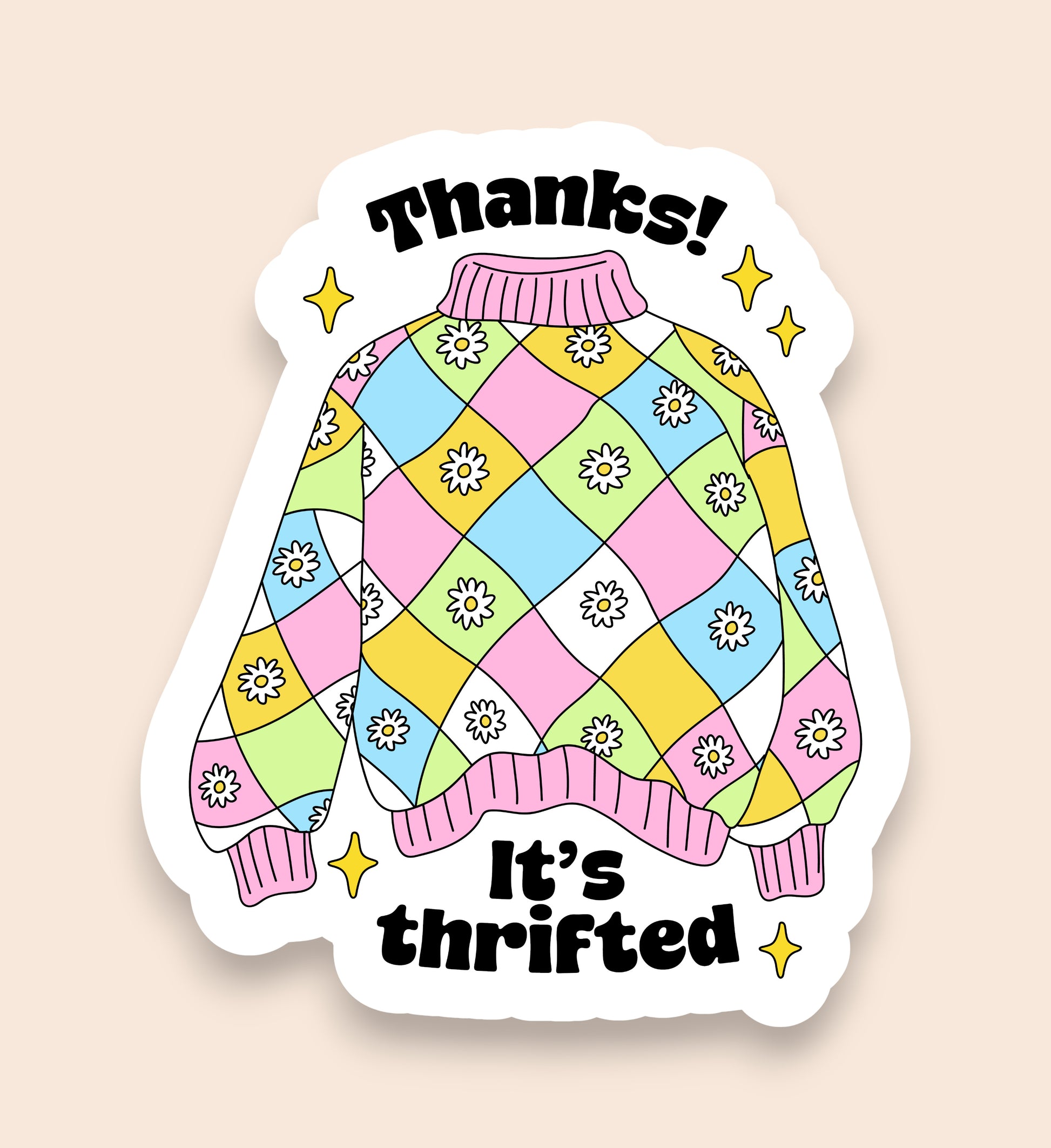 Colorful sweater design sticker with 'Thanks! It's thrifted' text on a beige background