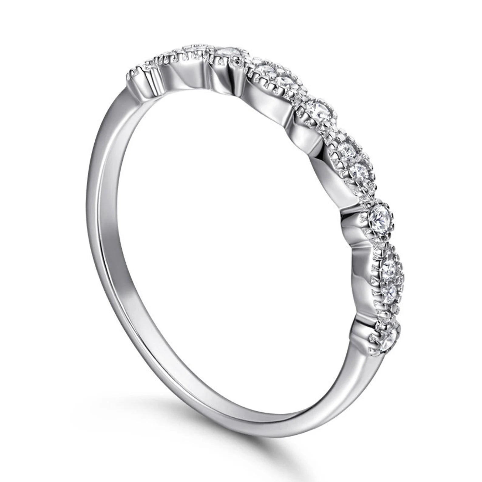 Silver ring with small diamonds on a white background