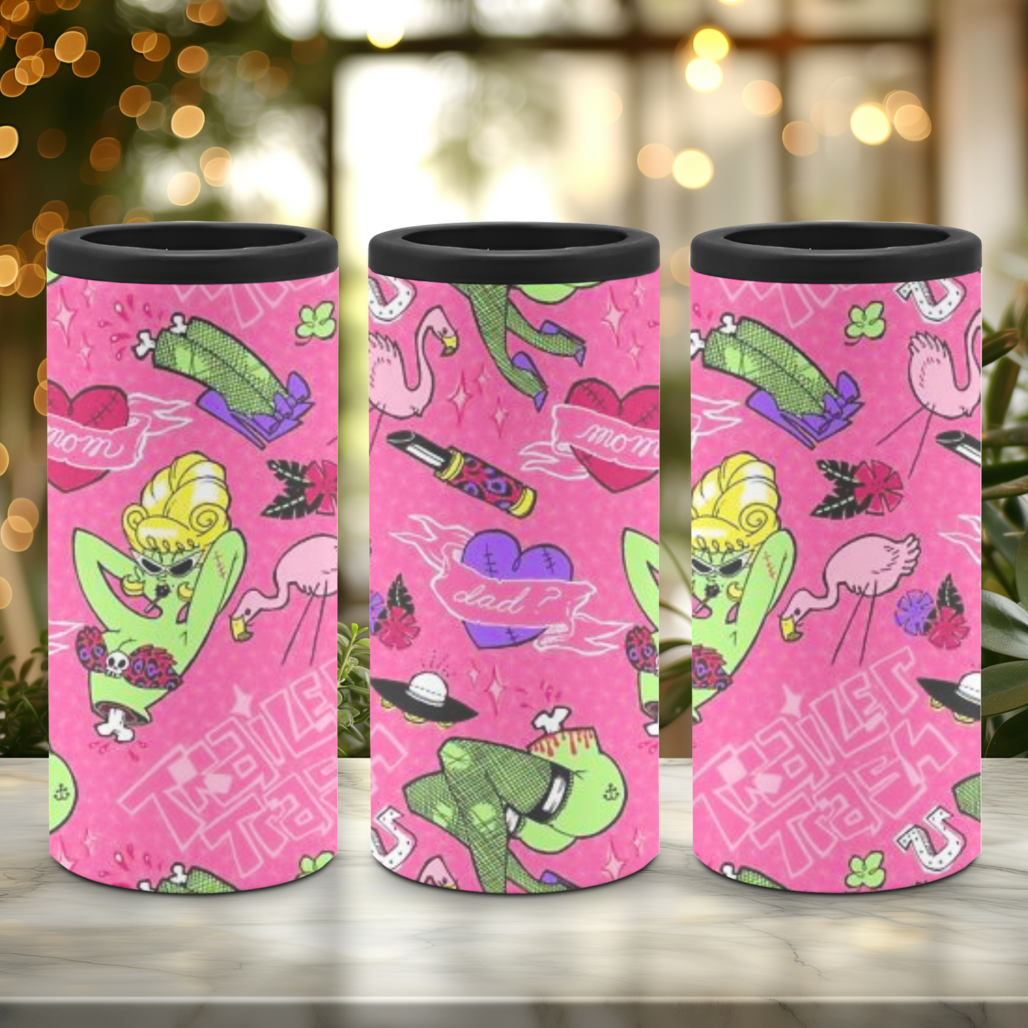 A slim can cooler with a playful pattern