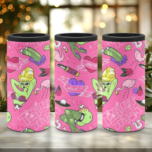 A slim can cooler with a playful pattern
