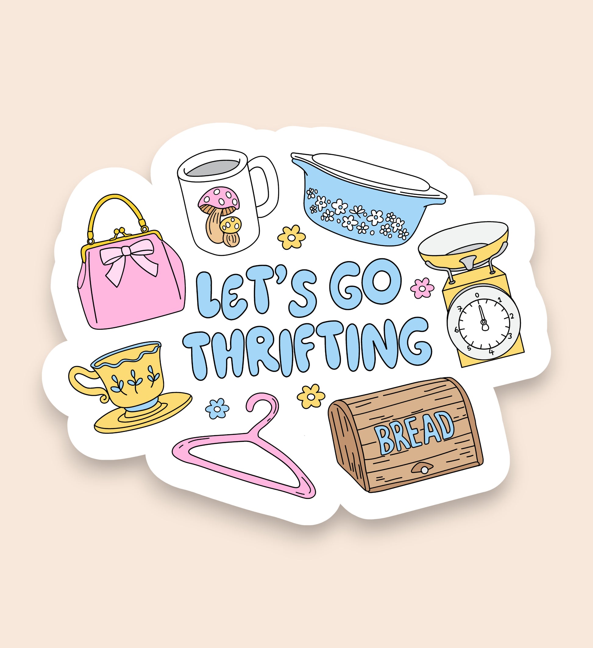 Sticker with thrift store items and 'Let's Go Thrifting' text on a beige background