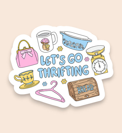 Sticker with thrift store items and 'Let's Go Thrifting' text on a beige background