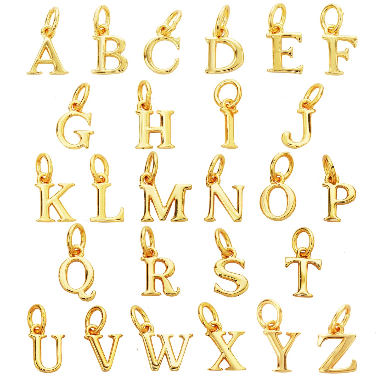 Gold letter pendants from A to Z on a white background