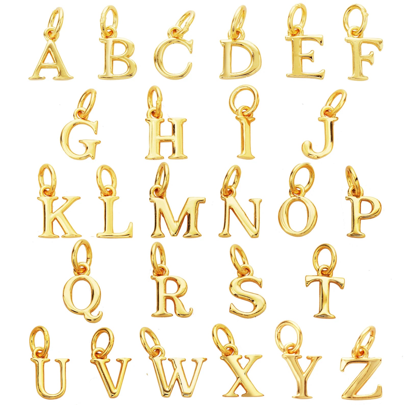 Gold letter pendants from A to Z on a white background