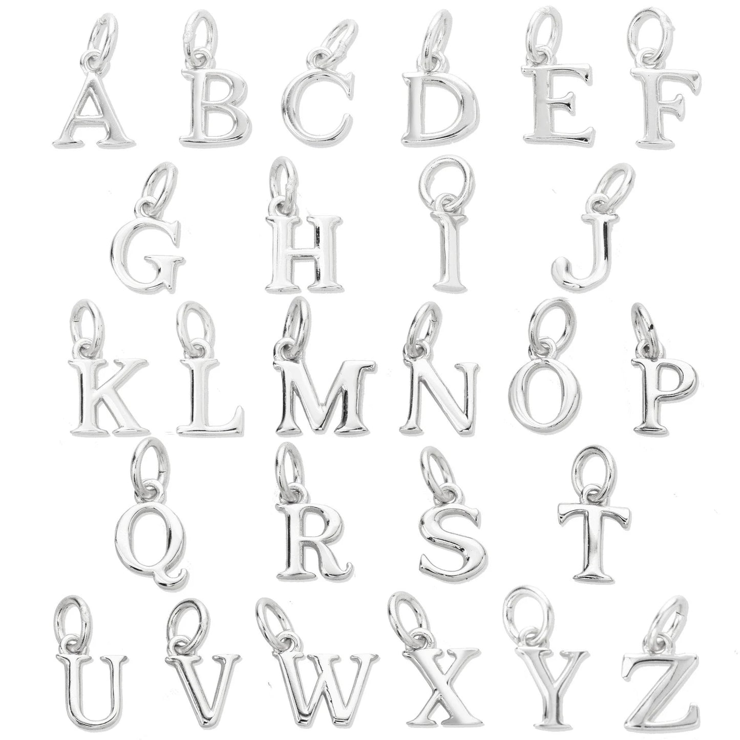 Silver letter pendants from A to Z on a white background