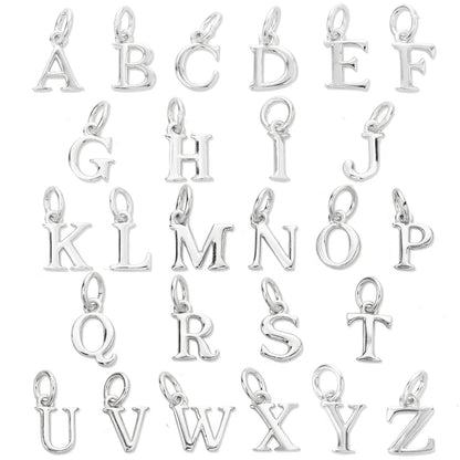 Silver letter pendants from A to Z on a white background