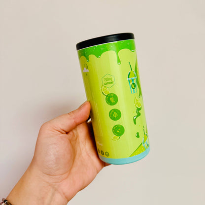 Hand holding a green cylindrical container with lime graphics on a plain background