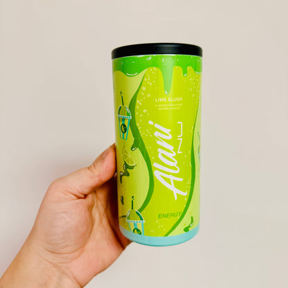 Hand holding a lime-flavored product with 'Alani' branding against a plain background