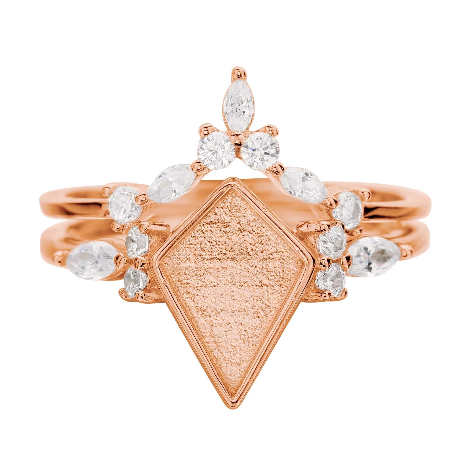 Rose gold ring with diamond-shaped center and smaller diamonds on a white background