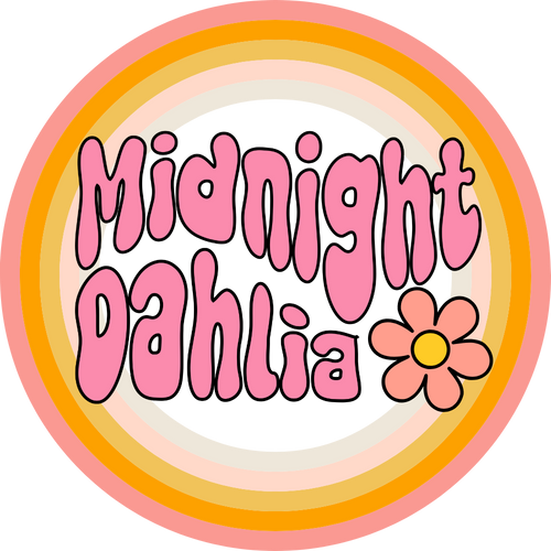 Circular logo with 'Midnight Dahlia' text and a flower graphic on a white background