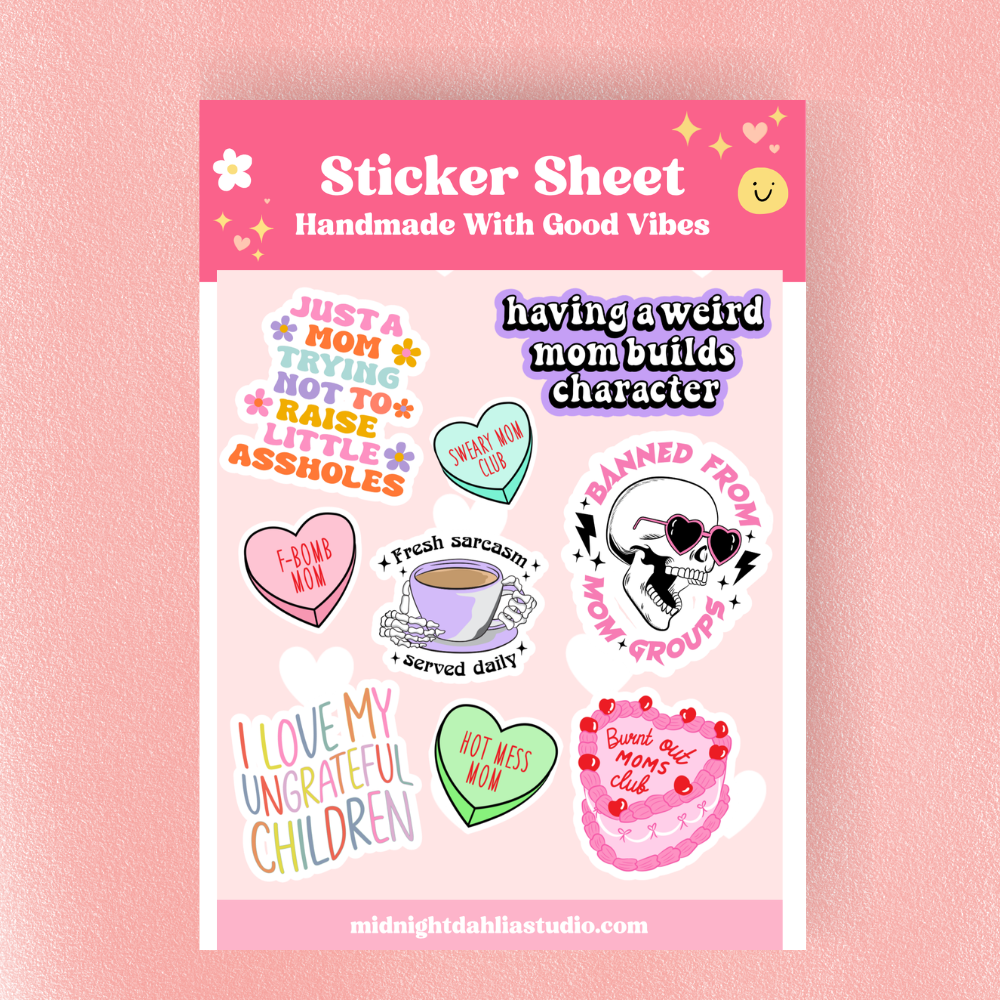 Sticker sheet with colorful stickers on a pink background