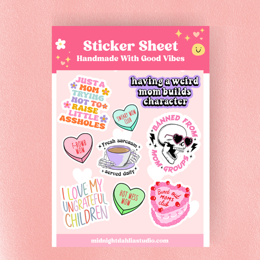 Sticker sheet with colorful stickers on a pink background