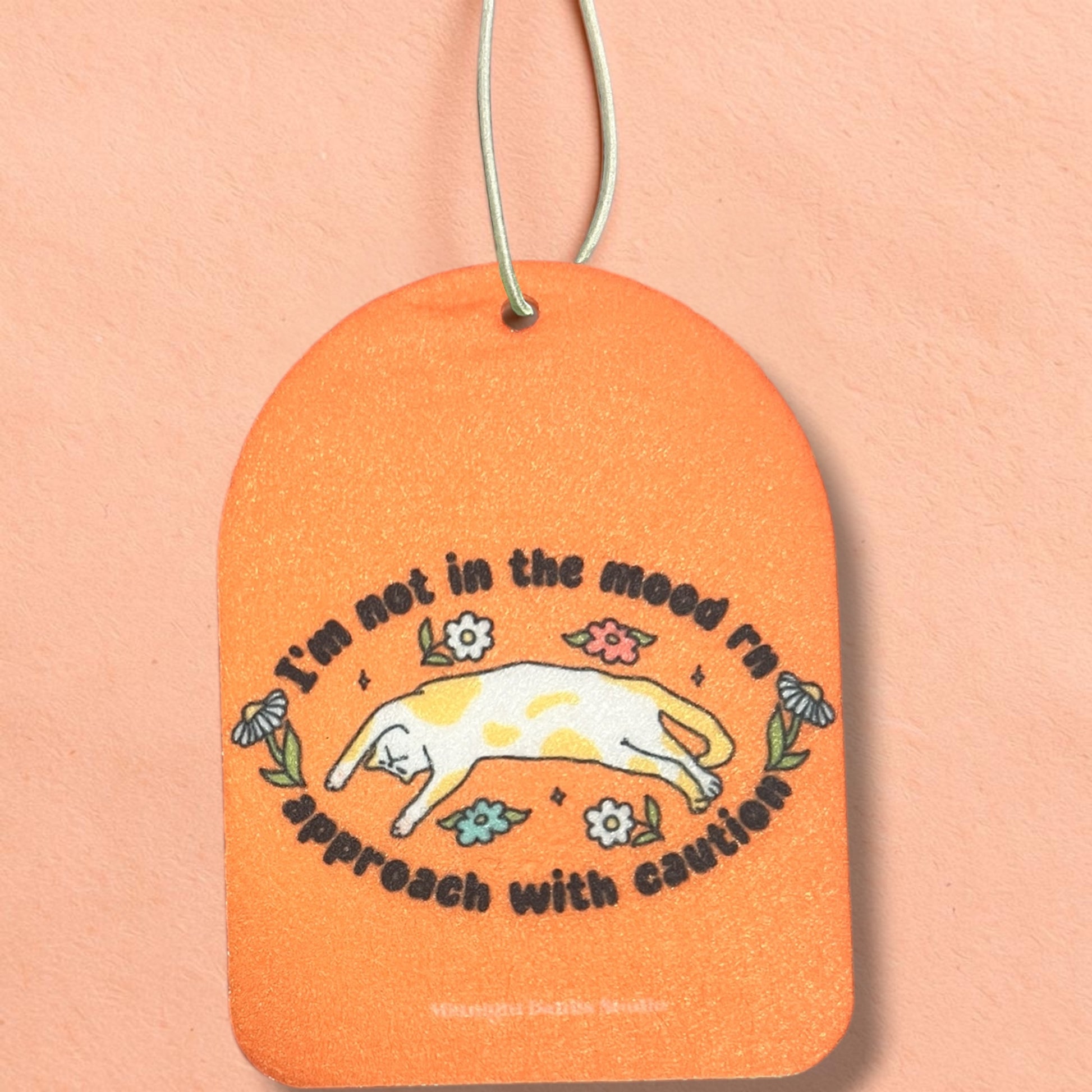 Orange tag with a cat illustration and text on a peach background
