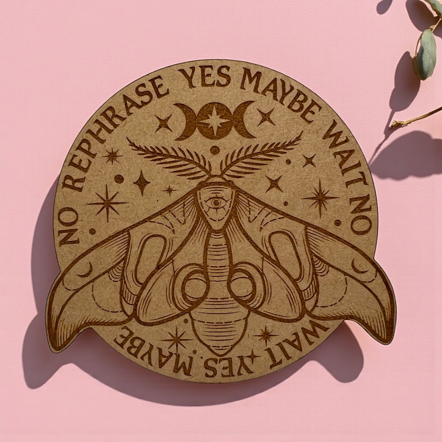 Decorative wooden plaque with moth illustration and text on a pink background