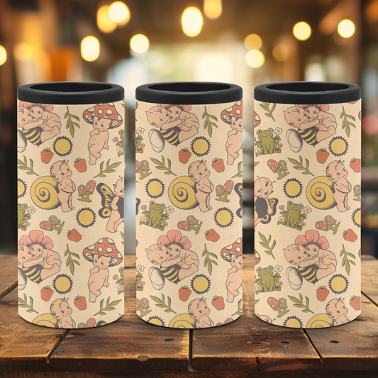A slim can cooler with a playful pattern