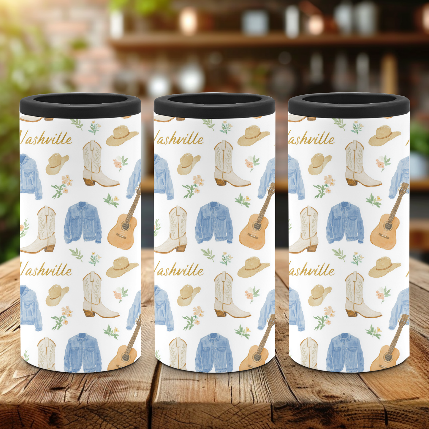 A slim can cooler with a playful pattern