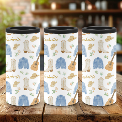 A slim can cooler with a playful pattern