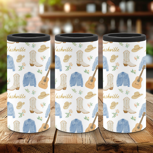 A slim can cooler with a playful pattern