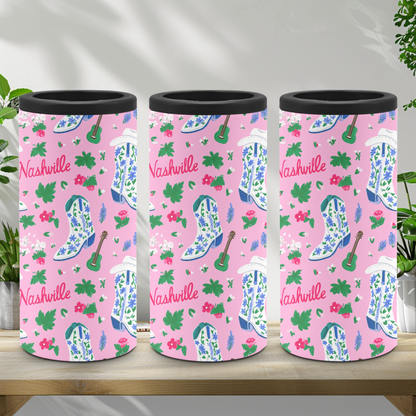 A slim can cooler with a playful pattern