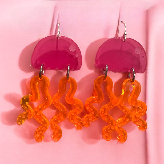 Jellyfish shaped earrings made with hot pink and neon orange acrylic.  Perfect jewelry accessory for the summer woman women.
