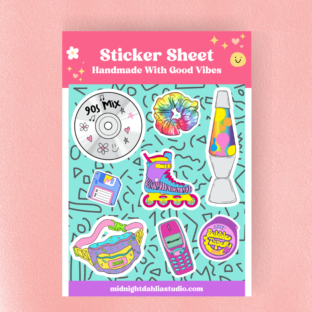 Sticker sheet packaging with colorful stickers on a pink background