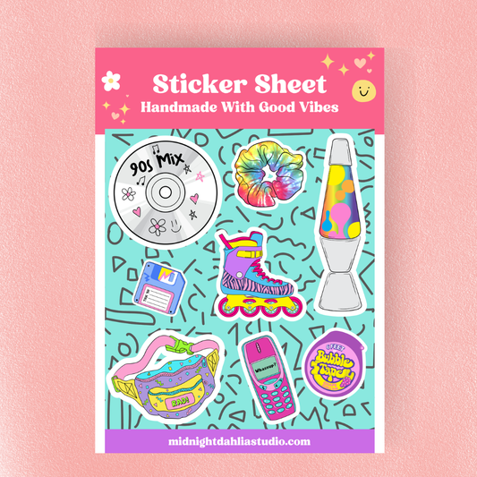 Sticker sheet packaging with colorful stickers on a pink background
