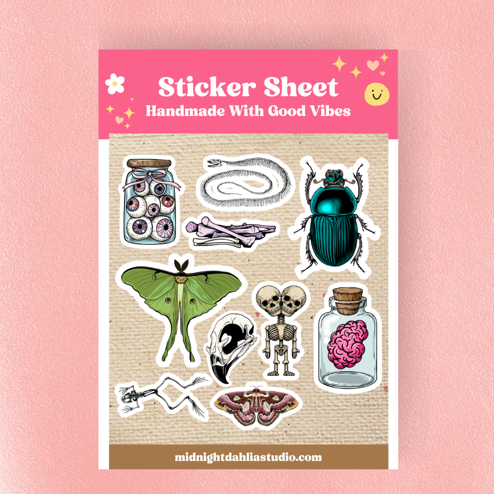 Sticker sheet with various illustrations on a pink background