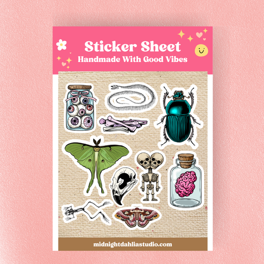 Sticker sheet with various illustrations on a pink background