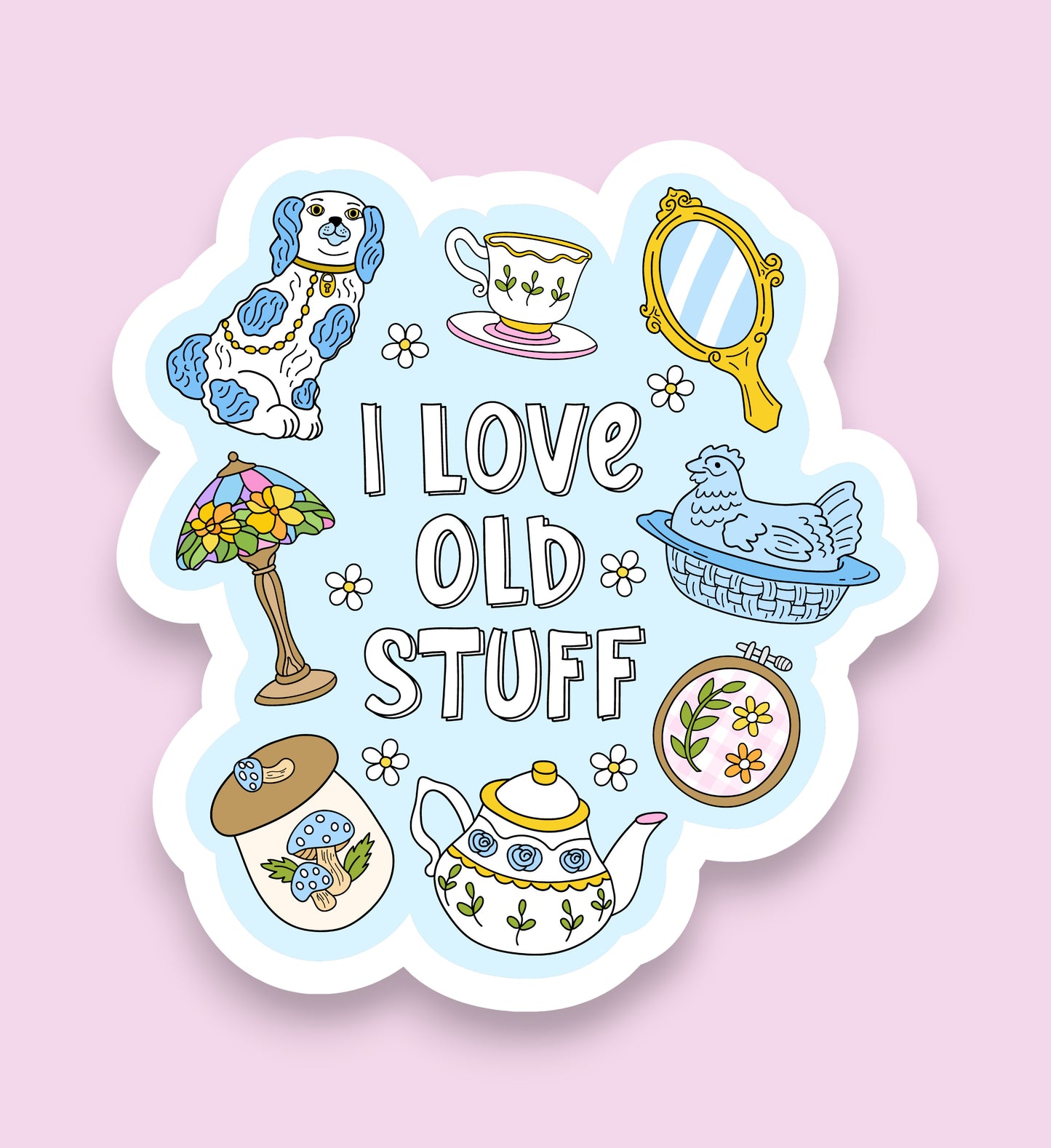 Sticker with illustrations of vintage items and text 'I Love Old Stuff' on a pink background
