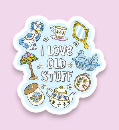 Sticker with illustrations of vintage items and text 'I Love Old Stuff' on a pink background