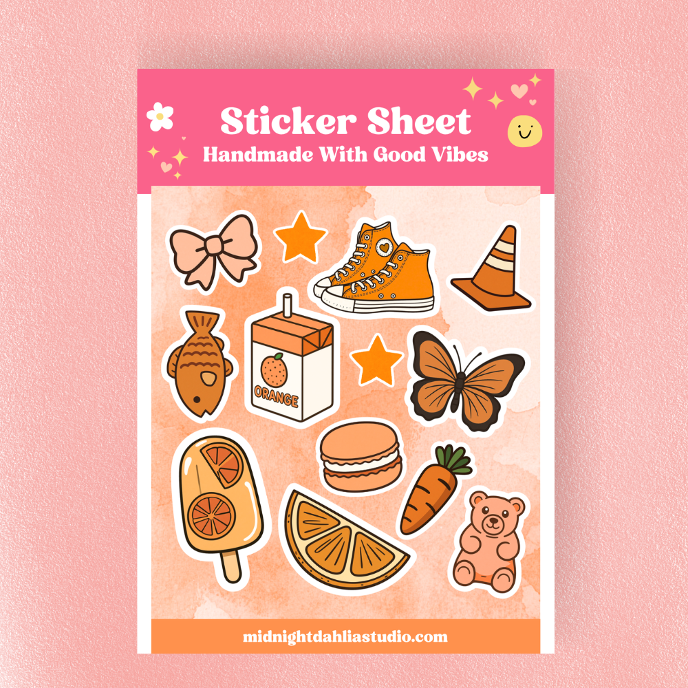 Sticker sheet with various stickers on a pink background