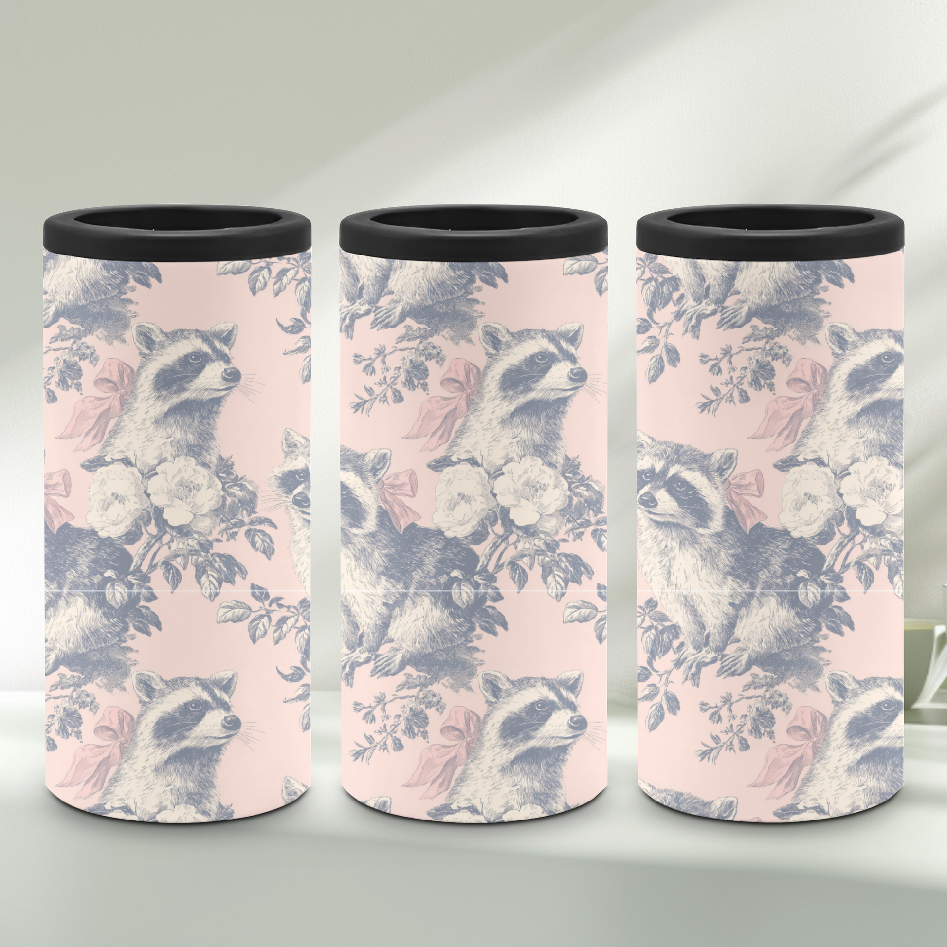 A slim can cooler set with a playful pattern
