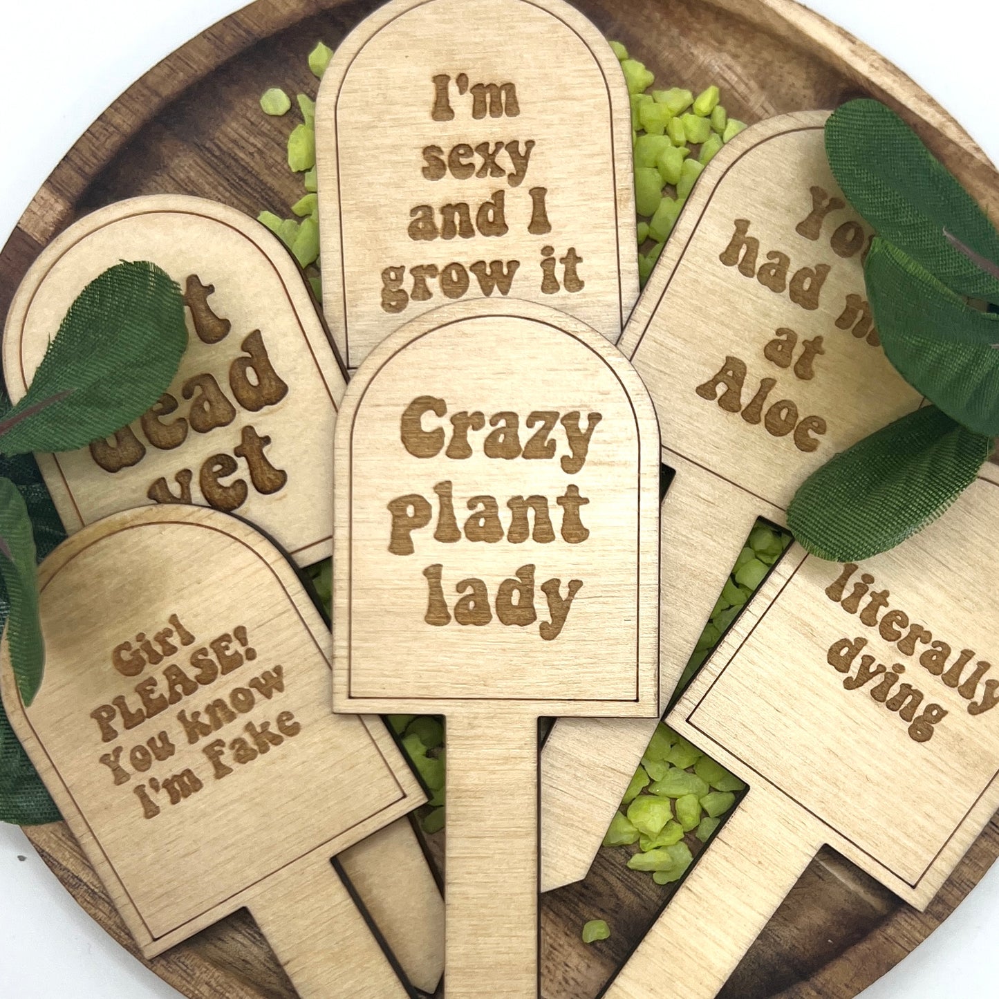 Wooden plant labels with humorous sayings on a wooden tray.