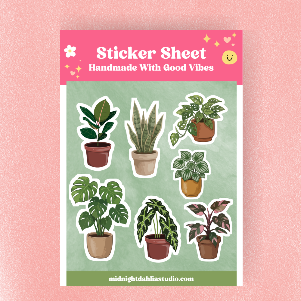 Sticker sheet with potted plant illustrations on a pink and green background