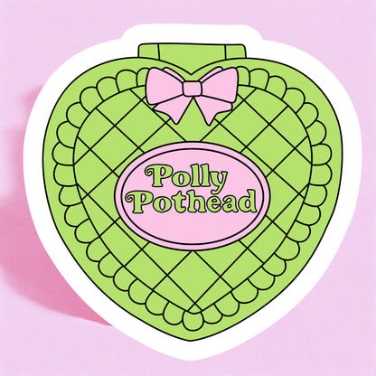 A colorful sticker with a baked cake design, predominantly green, with the text 'Polly Pothead' displayed in the center.
