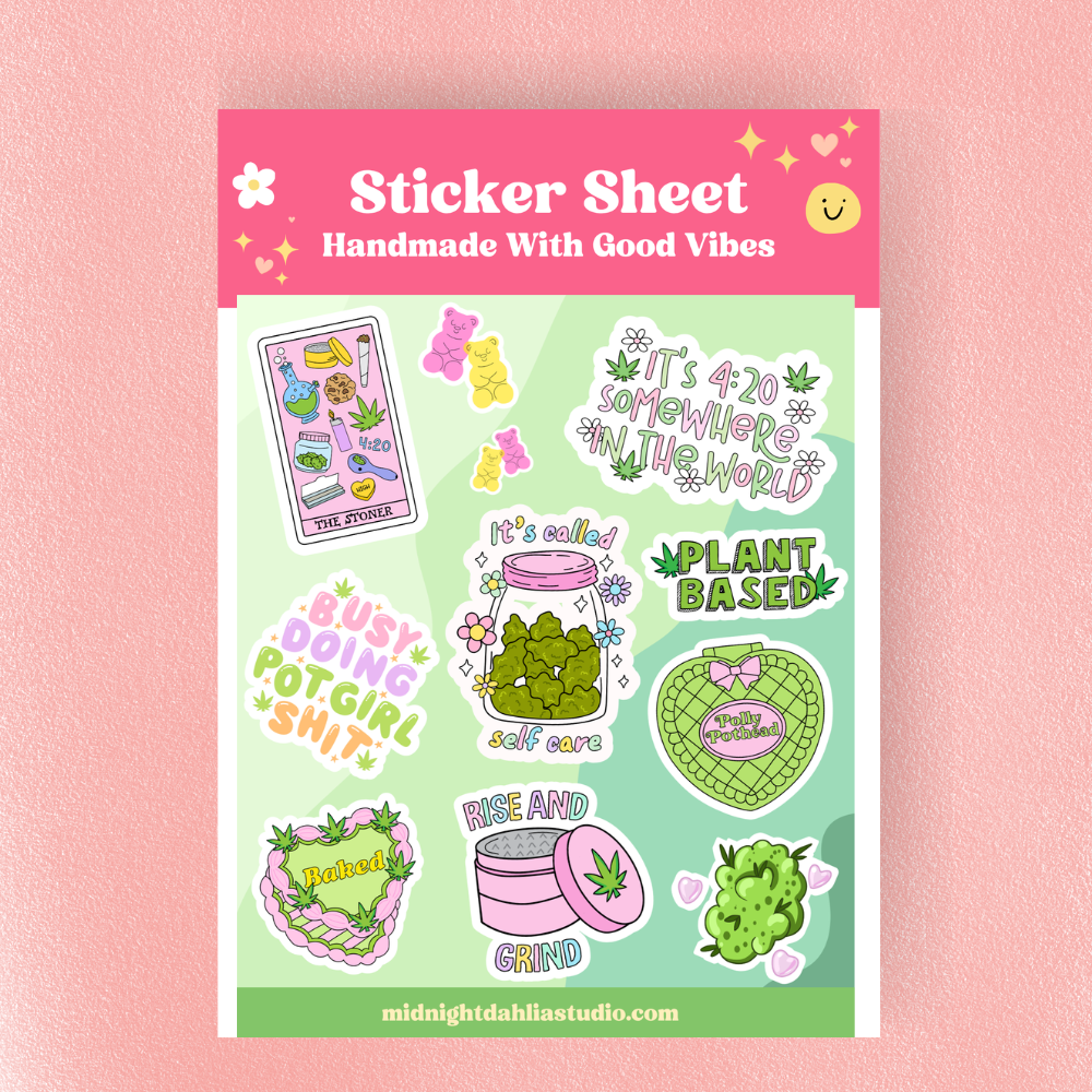 Sticker sheet with various stickers on a pink background