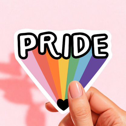 a sticker with a rainbow coming out of a heart and the word pride at the top