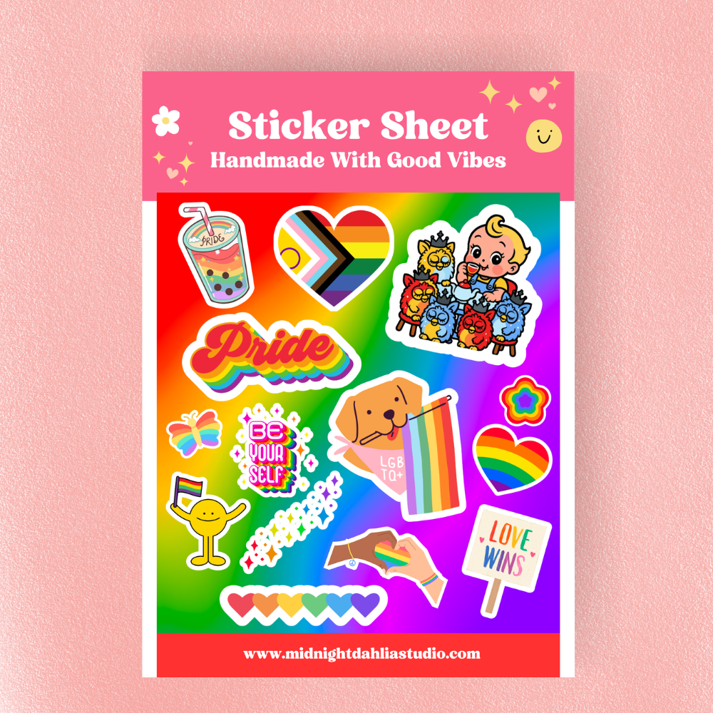 Sticker sheet with colorful designs on a pink background