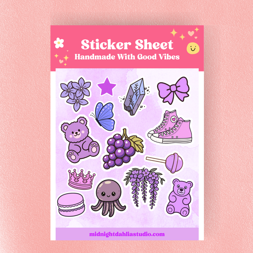 Sticker sheet with various purple illustrations on a pink background