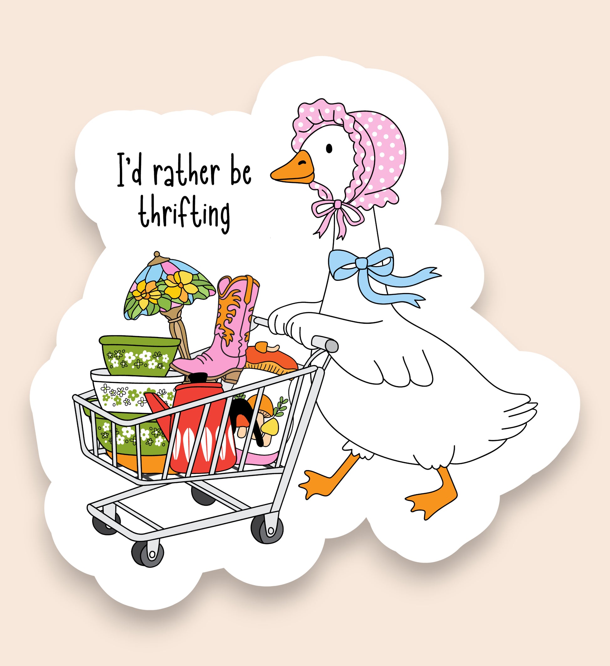 Cartoon goose with a shopping cart full of items and text 'I'd rather be thrifting' on a beige background