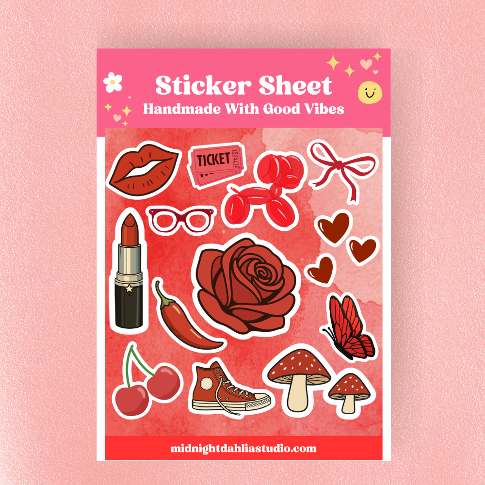 Sticker sheet with various red-themed stickers on a pink background