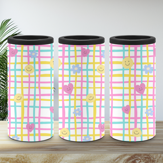 A slim can cooler set with a playful pattern