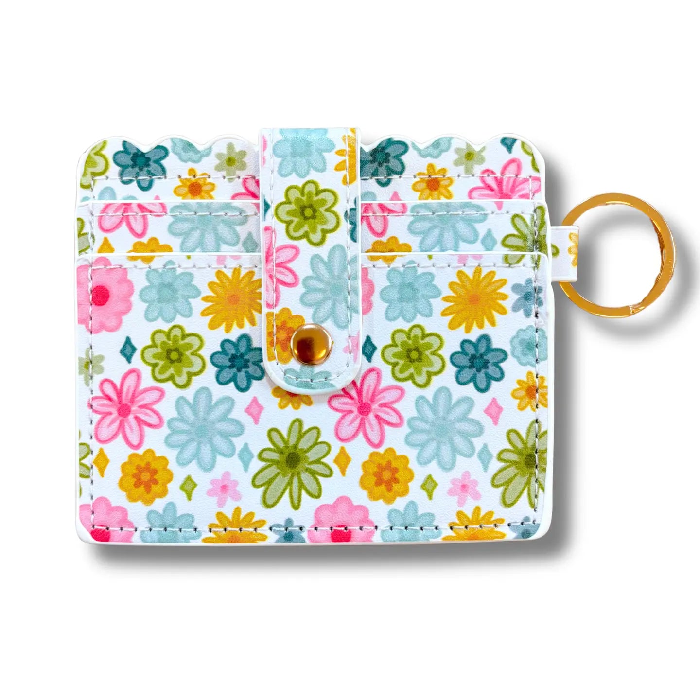 Floral-patterned keychain with colorful flowers on a white background