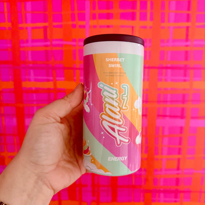 Hand holding a colorful energy drink can against a vibrant pink and orange plaid background