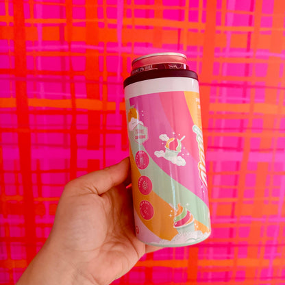 Hand holding a colorful can against a pink and orange checkered background