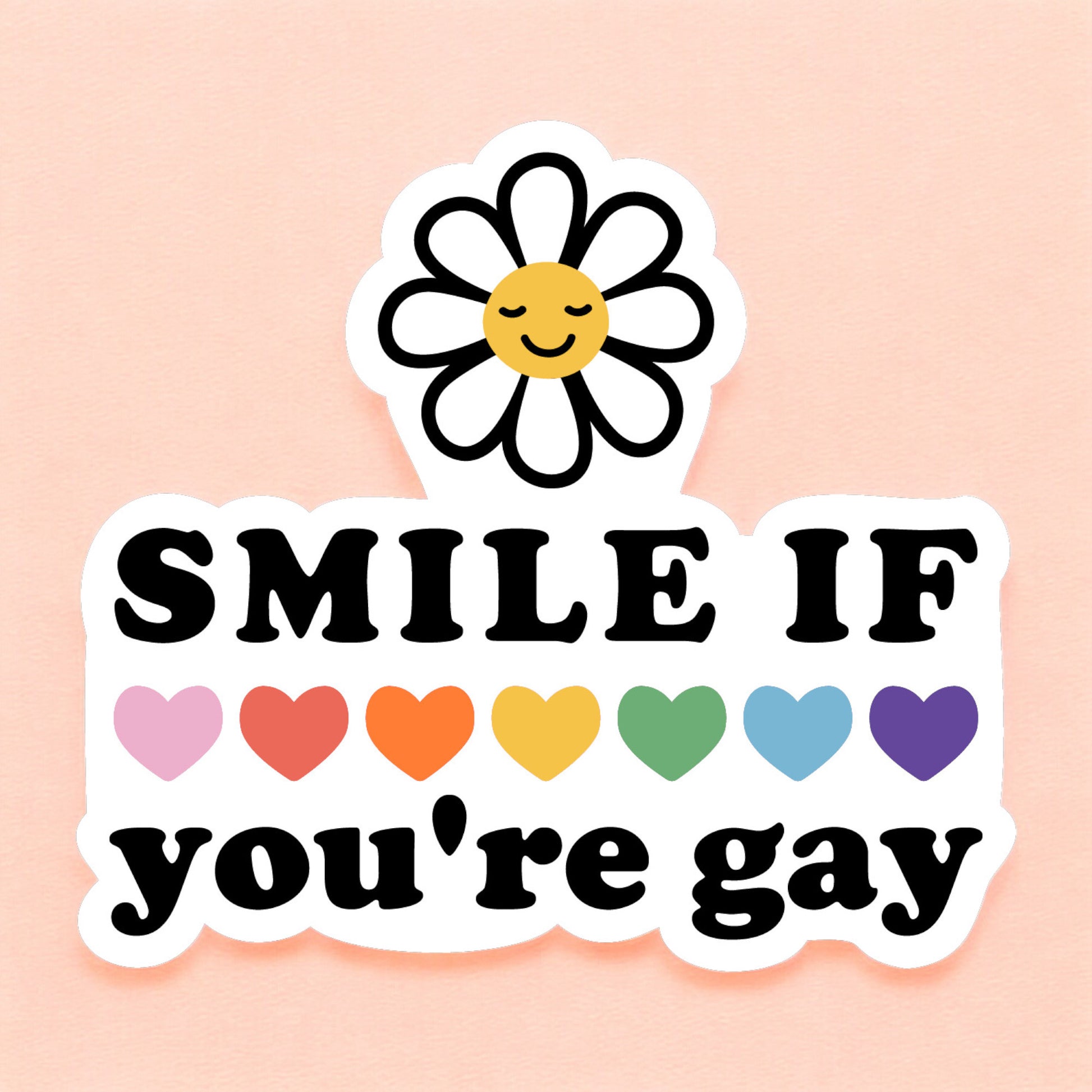 a white sticker that reads smile if you're gay with rainbow hearts across the middle and a white daisy at the top
