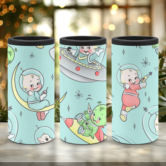 A slim can cooler set with a playful pattern